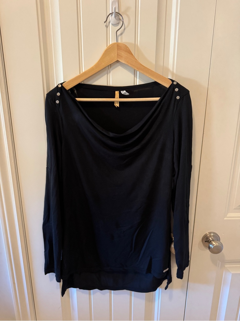 Black Cowl Neck Long-Sleeve Top with Shoulder Button Detail